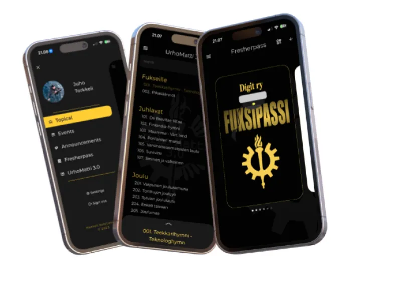 Three phones running the dark-themed Digit ry app: the side menu, the songbook's song list and the digital freshman pass.