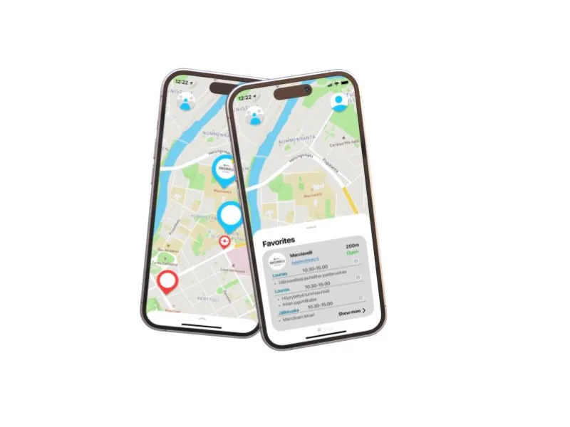 Two phones running Ruakaa: a city map with restaurant pins, and a Favorites panel showing a restaurant's lunch menu and opening hours.