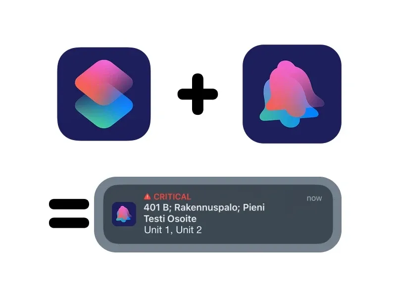 The Shortcuts app icon plus the Message Alert bell icon, adding up to a Critical notification for a test building-fire alert.