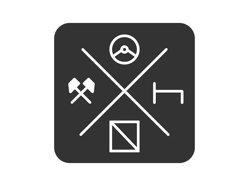 The app icon: a steering wheel, a bed, a square with a diagonal line and crossed shovels, separated by a large X.