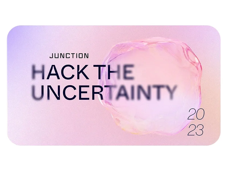 Junction 2023 banner with the slogan “Hack the Uncertainty” and a translucent bubble on a pink and purple gradient.