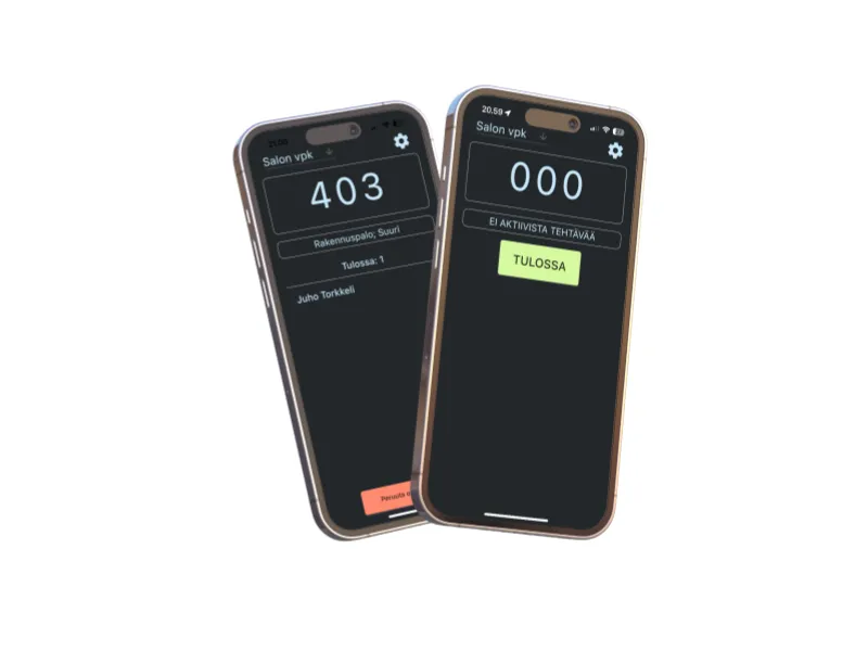 Two phones running Laikku: one shows an active alert with its task code and one member coming, the other an idle screen with a green Tulossa (coming) button.