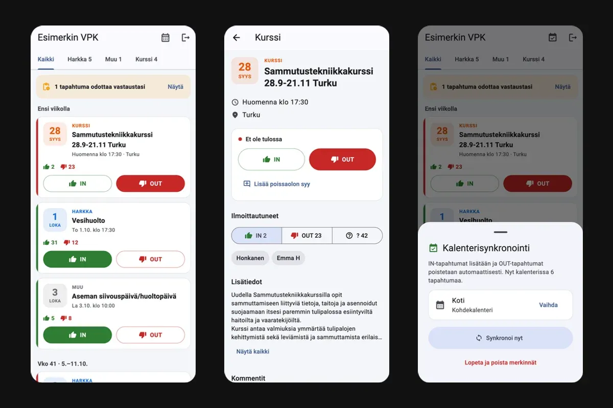 Three Huuto screenshots on a dark background: the event list, a course's details page, and the calendar sync sheet.