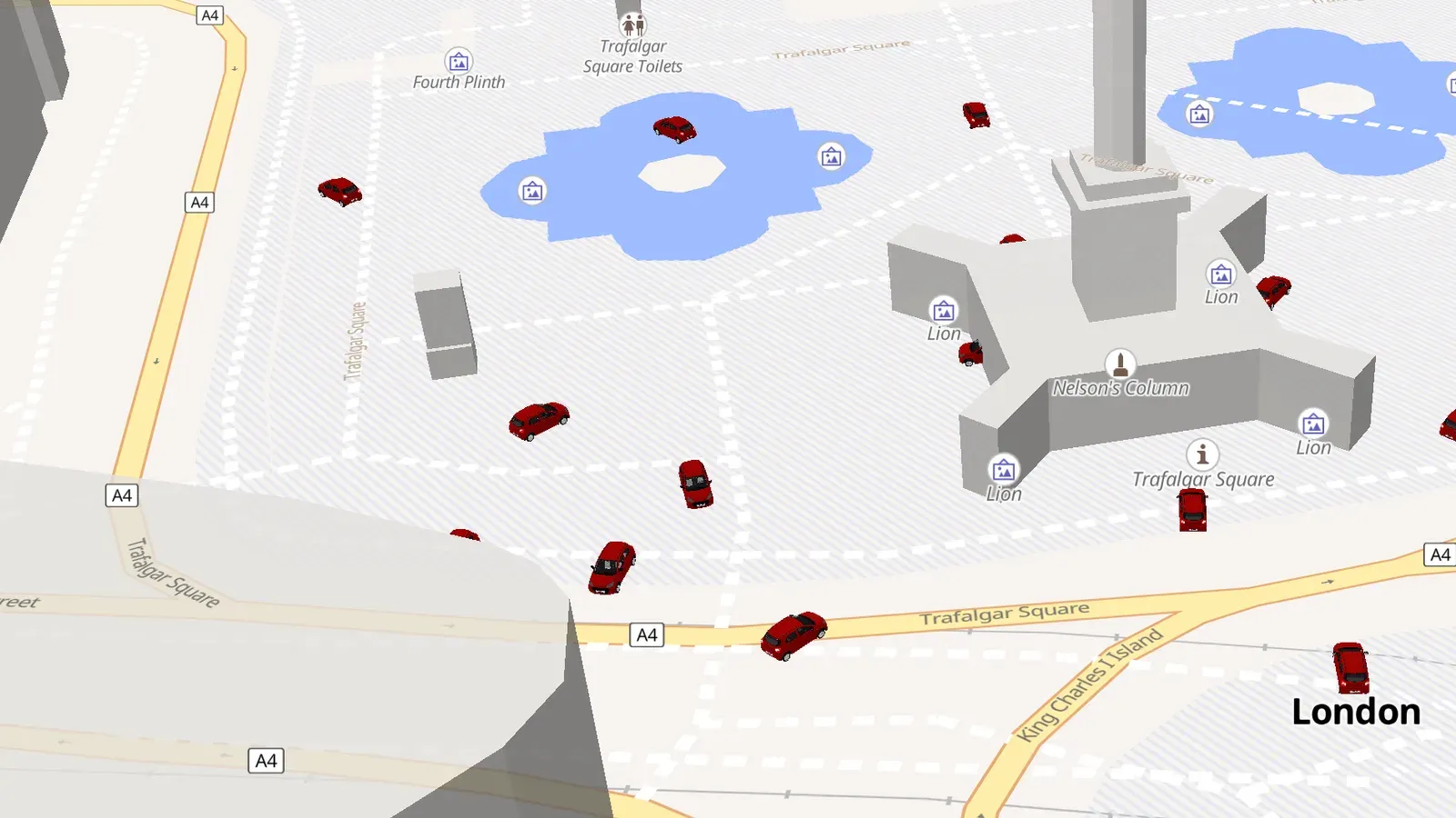 Red 3D car models driving around Trafalgar Square in London on a tilted vector map, with Nelson's Column and its base drawn as 3D buildings, rendered by maplibre_flutter on macOS.