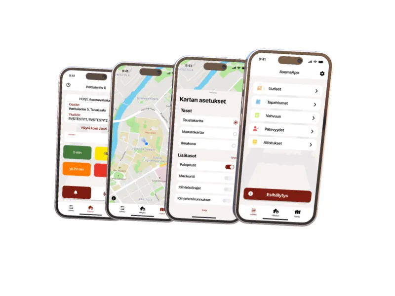 Four phone mockups of the redesign: an alert with arrival-time buttons, a map, map layer settings with a fire hydrant layer, and a home menu with a pre-alert button.