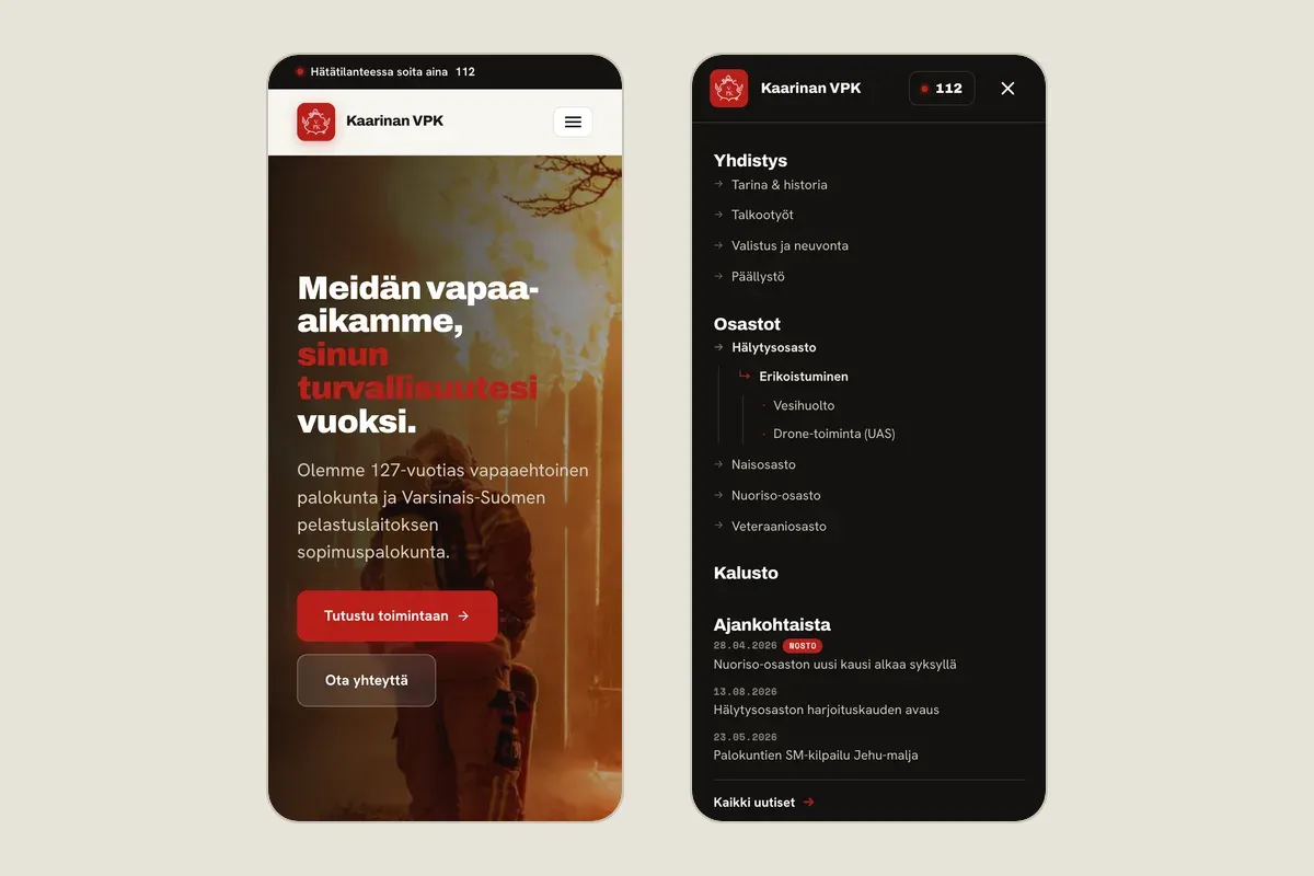 Two phone screenshots side by side: the home page hero, and the full-screen menu, opened here with JavaScript turned off.