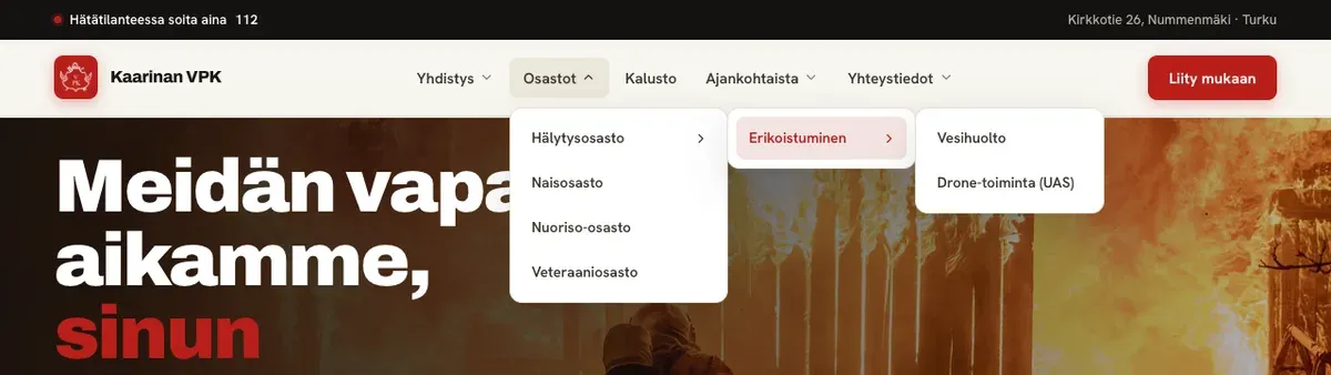 The desktop navigation with three levels open: Osastot, then Hälytysosasto, then Erikoistuminen with Vesihuolto and Drone-toiminta.