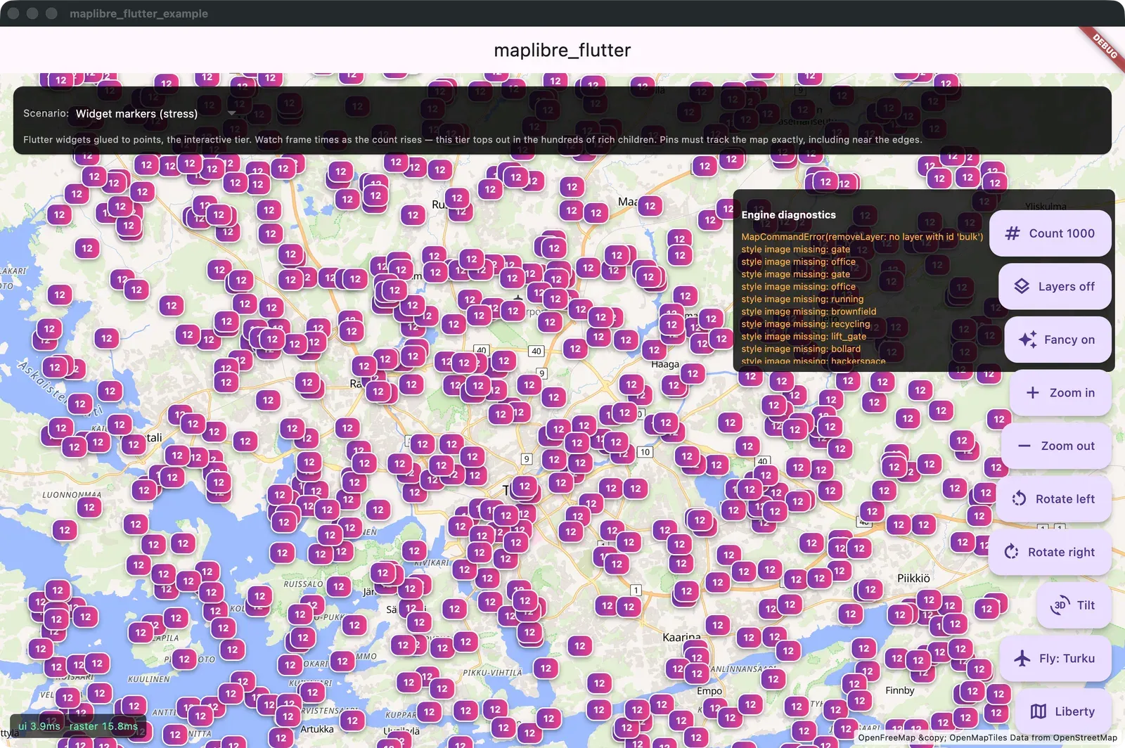 The maplibre_flutter example app on macOS running the widget-marker stress test: hundreds of purple rounded badges, each a live Flutter widget, pinned to points on a map of Turku, with the scenario picker, engine diagnostics and camera buttons around the edges.